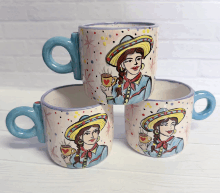 Handpainted fired ceramic mug by Kathy Cano-Murillo.